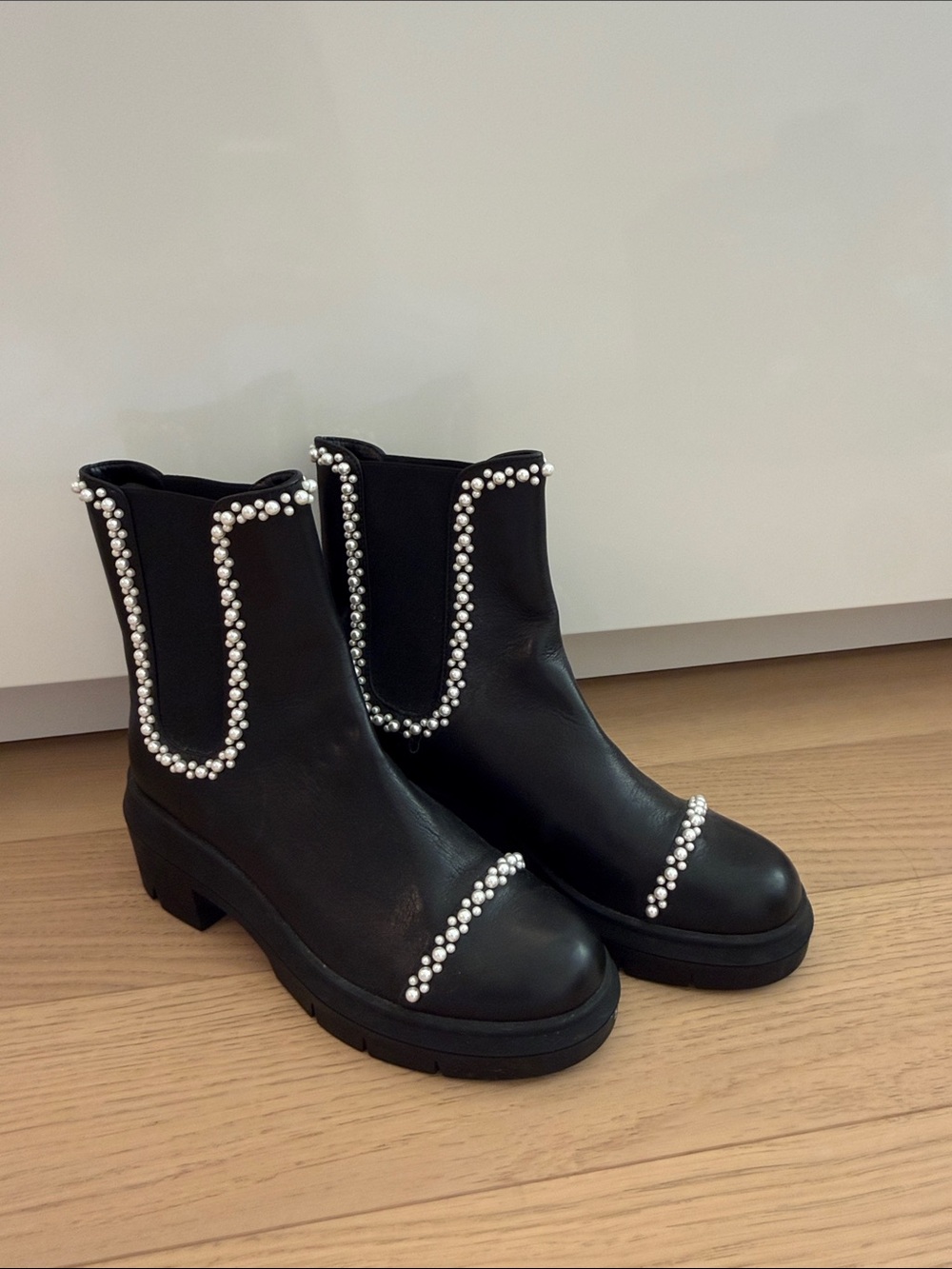 Stuart Weitzman Black Pearl-Embellished Chelsea Booties